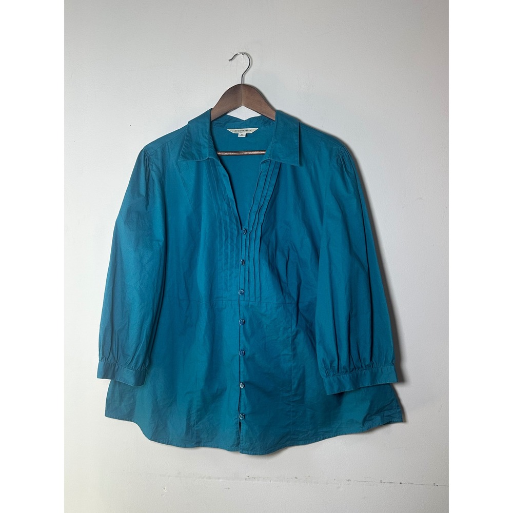 St. John's Bay Plus Size Teal Blue Pintuck V-Neck 3/4 Sleeve Blouse 2X